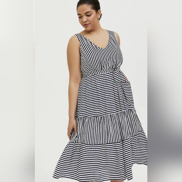 torrid Dresses & Skirts - Torrid 100% Rayon Midi Blue & White Striped Tiered Sleeveless Dress size 1X